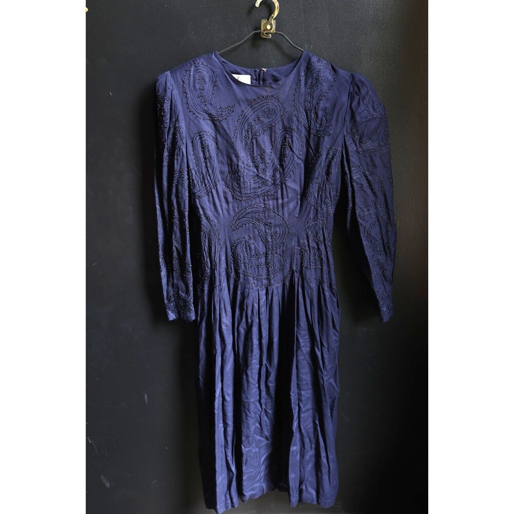Vintage Sarah Elizabeth Navy Blue Midi Drop Waist Dress Beaded Paisley Pin Up 12